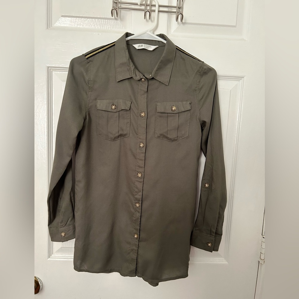 H&M Olive Green Military-Trim Button Down Shirt
